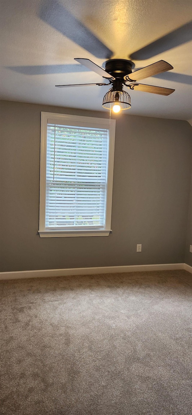 unfurnished room with ceiling fan, carpet floors, and a textured ceiling