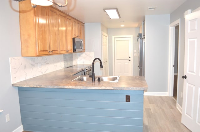 kitchen featuring sink, stainless steel appliances, tasteful backsplash, kitchen peninsula, and light wood-type flooring