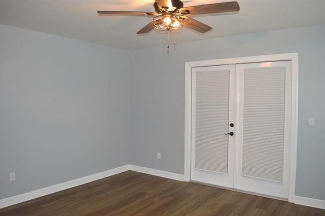 unfurnished bedroom featuring ceiling fan, a closet, and dark hardwood / wood-style floors