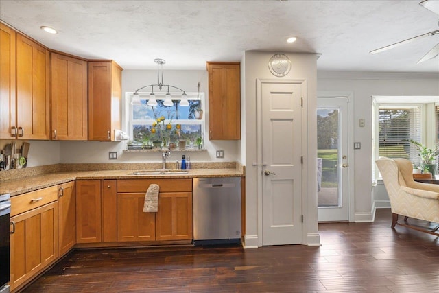 kitchen with a ceiling fan, dark wood-style flooring, stainless steel dishwasher, pendant lighting, and a sink