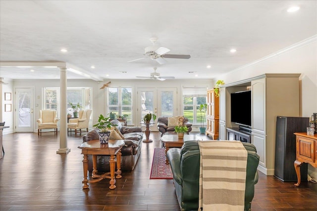 living area with dark wood-style floors, ornamental molding, decorative columns, and recessed lighting