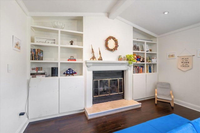 living area featuring crown molding, dark wood finished floors, vaulted ceiling with beams, and baseboards