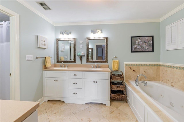 bathroom with double vanity, ornamental molding, a sink, and visible vents