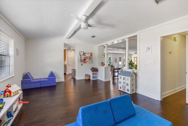 living area featuring ceiling fan, dark wood-type flooring, decorative columns, and baseboards