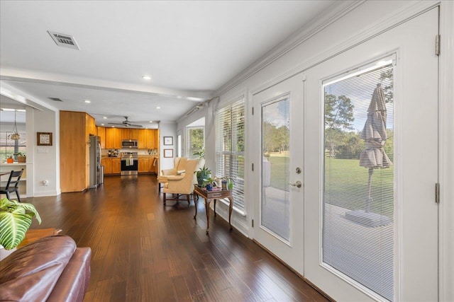 entryway featuring french doors, dark wood finished floors, recessed lighting, visible vents, and baseboards