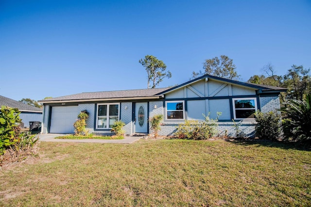 ranch-style house with a front lawn and a garage