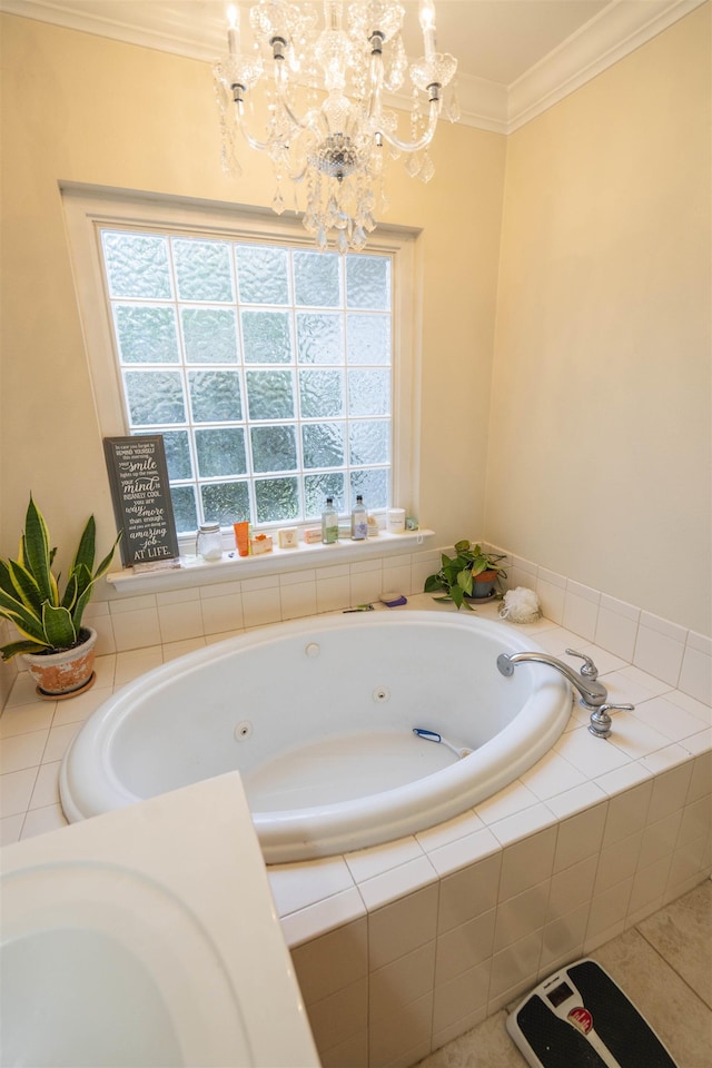 3204 Gallant Fox Trl, Tallahassee, FL 32309 - full bathroom featuring a chandelier, healthy amount of natural light, crown molding, and a tub with jets