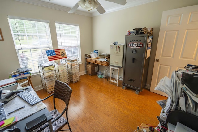3204 Gallant Fox Trl, Tallahassee, FL 32309 - office space with ornamental molding, plenty of natural light, a ceiling fan, light wood-style floors, and baseboards
