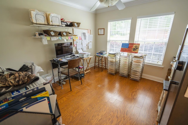 3204 Gallant Fox Trl, Tallahassee, FL 32309 - office featuring crown molding, wood finished floors, baseboards, and a ceiling fan