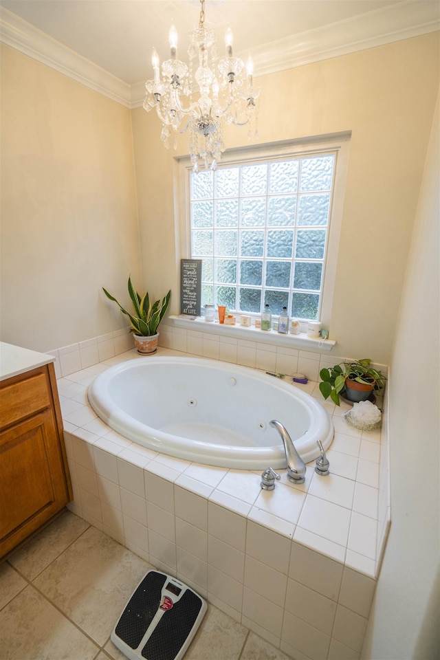 3204 Gallant Fox Trl, Tallahassee, FL 32309 - bathroom with a chandelier, ornamental molding, a tub with jets, tile patterned flooring, and vanity