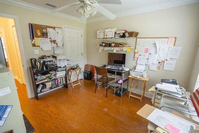 3204 Gallant Fox Trl, Tallahassee, FL 32309 - office featuring ceiling fan, crown molding, and wood finished floors