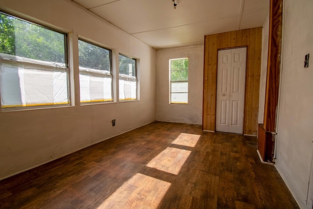 spare room with dark wood-type flooring and wood walls