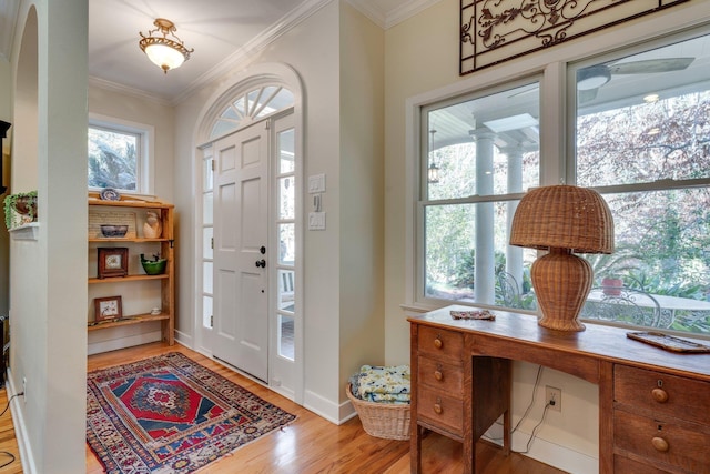 foyer with crown molding and light hardwood / wood-style floors