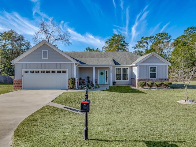 ranch-style home with a garage, brick siding, board and batten siding, and driveway