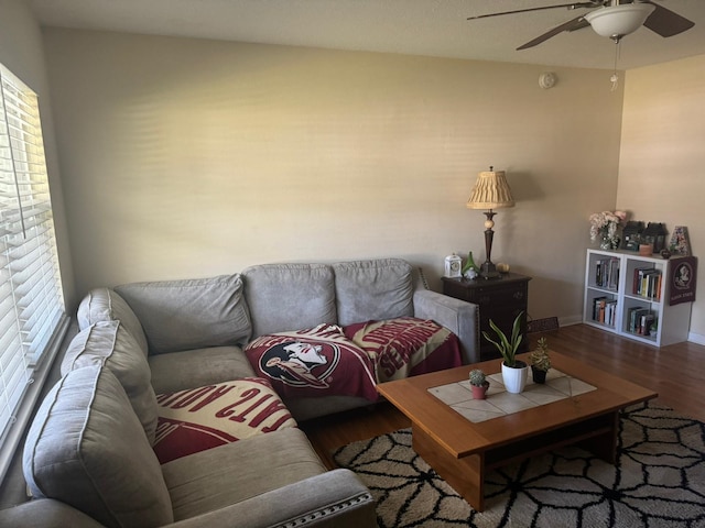 living room with ceiling fan and dark hardwood / wood-style flooring