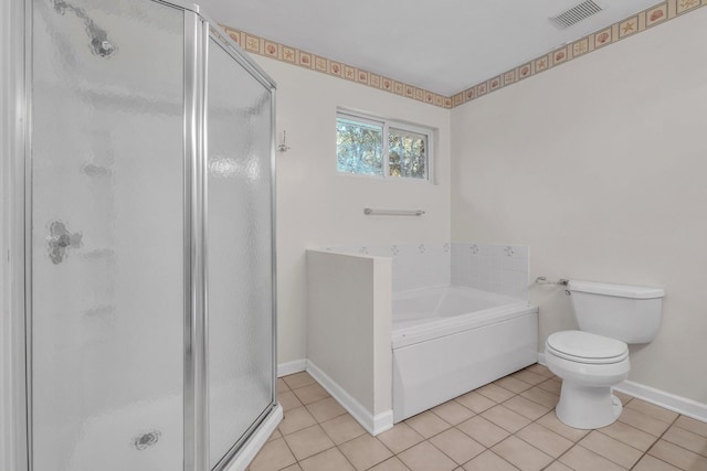 bathroom with separate shower and tub, tile patterned flooring, and toilet