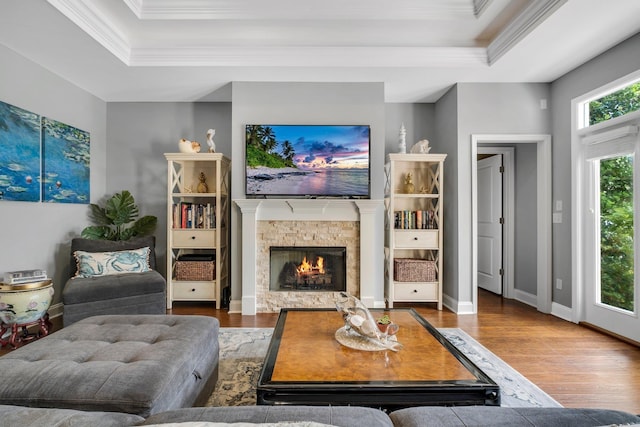 3260 Coneflower Dr, Tallahassee, FL 32311 - living area with a raised ceiling, wood finished floors, ornamental molding, a fireplace, and baseboards