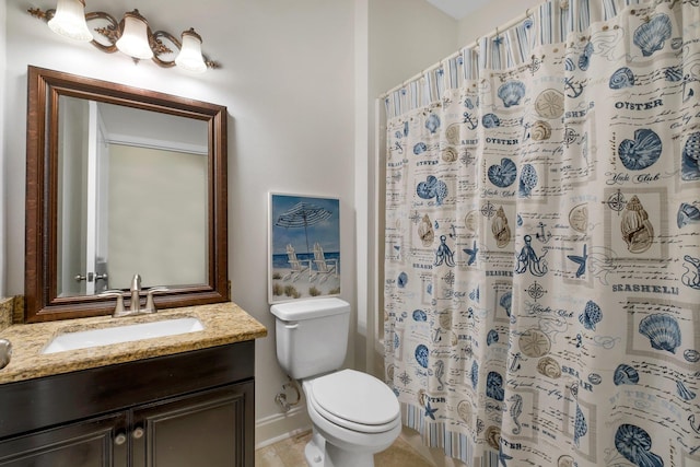 3260 Coneflower Dr, Tallahassee, FL 32311 - full bathroom featuring toilet, vanity, baseboards, and a shower with curtain