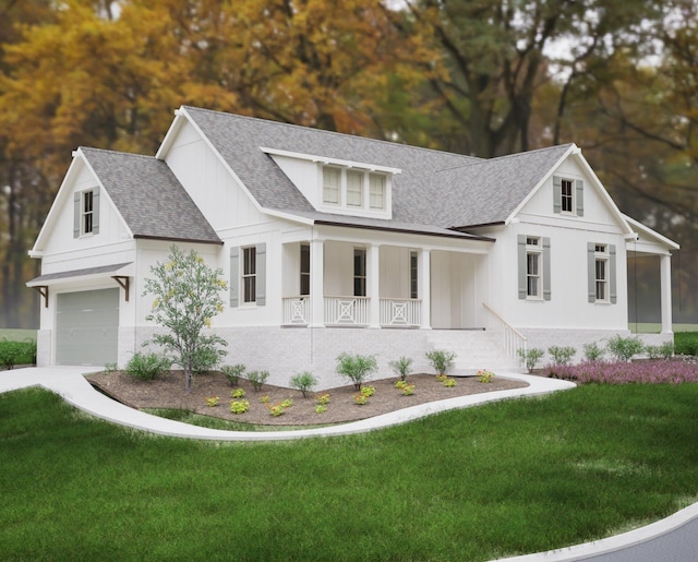 modern farmhouse style home featuring covered porch, a front yard, and a garage