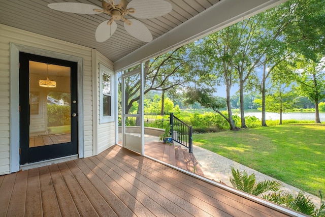 6557 Alan A Dale Trl, Leon, FL 32309 - unfurnished sunroom featuring a water view and a ceiling fan