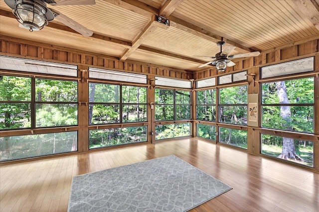 sunroom featuring wood-type flooring, wooden ceiling, and beam ceiling