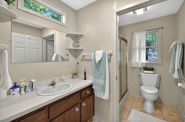 bathroom featuring a wealth of natural light, vanity, a stall shower, and toilet