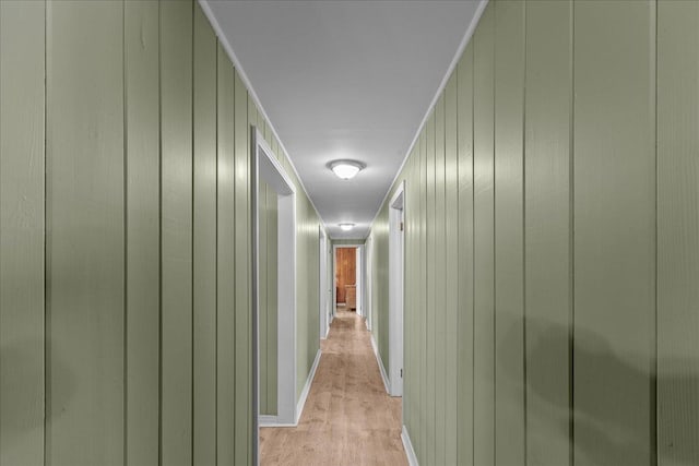 corridor featuring wooden walls