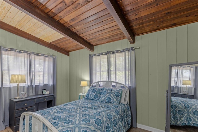 bedroom featuring beam ceiling, wooden ceiling, and wood walls