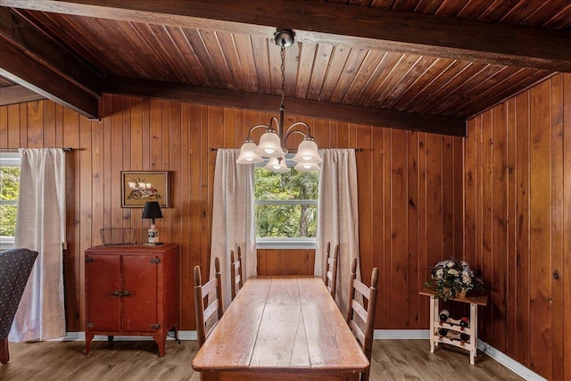 unfurnished dining area with beam ceiling, an inviting chandelier, wooden walls, and wood-type flooring