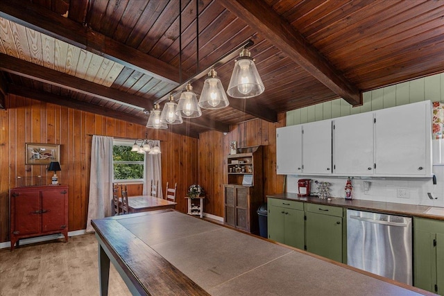 kitchen with stainless steel dishwasher, wood ceiling, white cabinets, hanging light fixtures, and wood walls