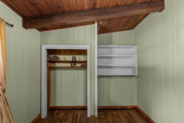 interior details with beamed ceiling, hardwood / wood-style floors, wooden ceiling, and wood walls