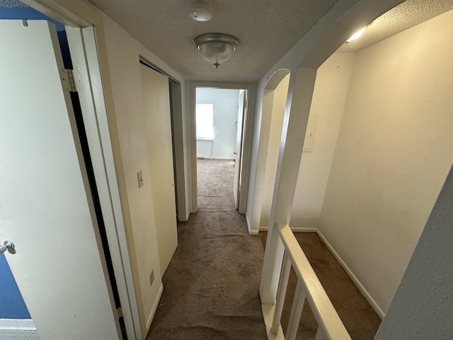 hall featuring carpet and a textured ceiling