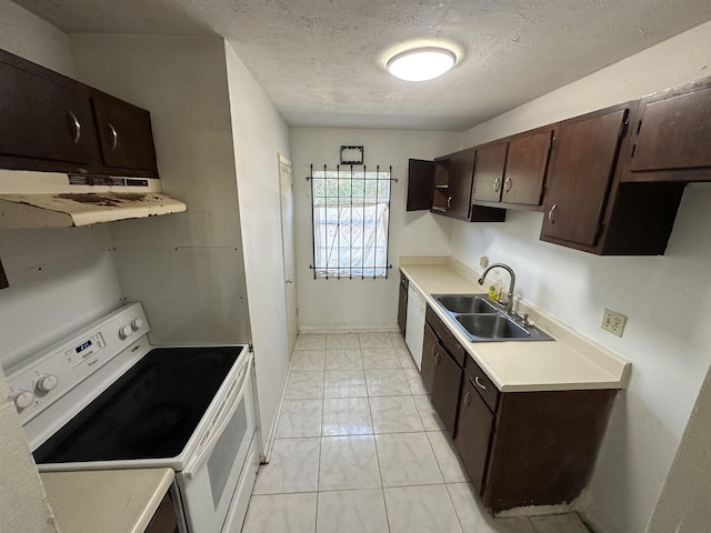 kitchen featuring white electric stove, sink, dark brown cabinets, and a textured ceiling