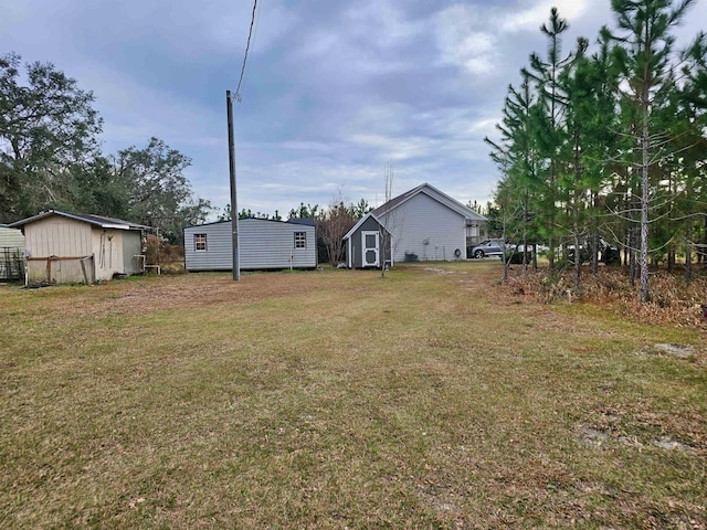 view of yard featuring a storage unit