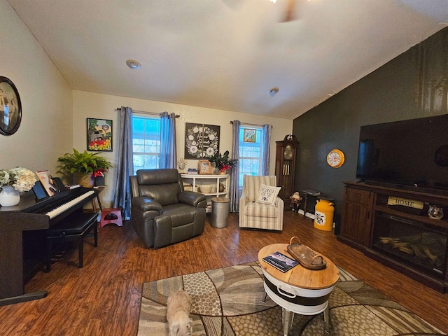 living room featuring vaulted ceiling and dark wood-type flooring