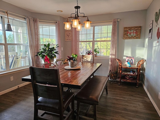 dining room featuring dark hardwood / wood-style floors and an inviting chandelier