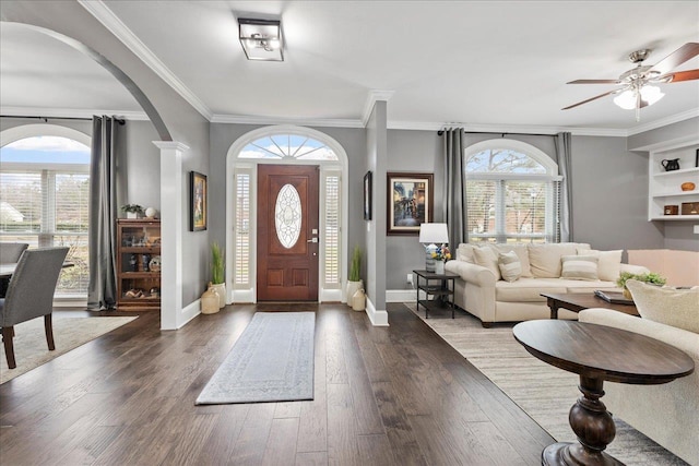 entrance foyer featuring dark hardwood / wood-style flooring, plenty of natural light, and ornamental molding