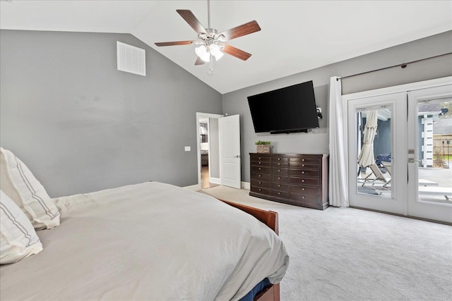 carpeted bedroom with french doors, ceiling fan, access to exterior, and high vaulted ceiling