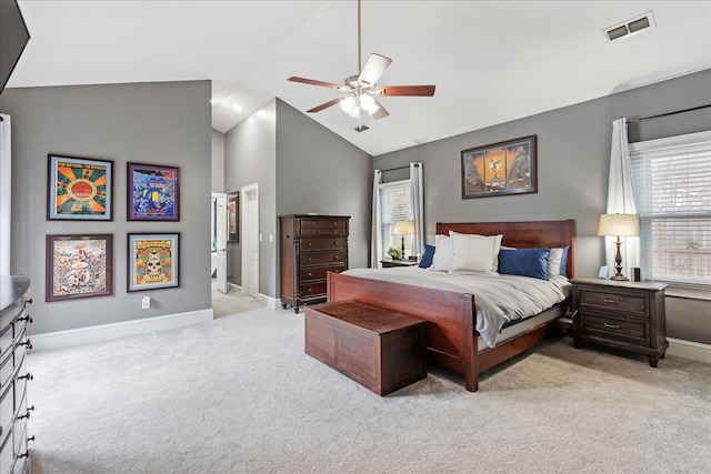 bedroom featuring high vaulted ceiling, light colored carpet, and ceiling fan