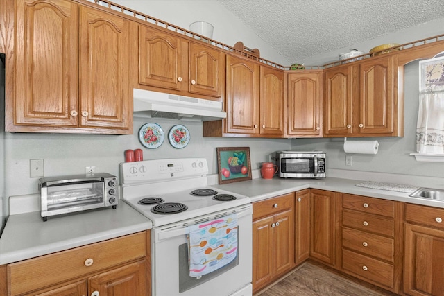 kitchen with hardwood / wood-style flooring, lofted ceiling, white electric range, and a textured ceiling