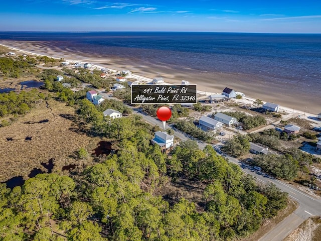 drone / aerial view with a water view and a beach view