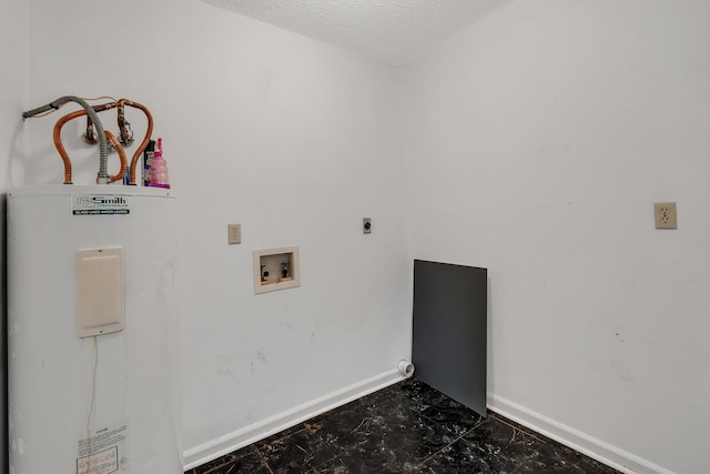 laundry area with electric water heater, a textured ceiling, hookup for a washing machine, and hookup for an electric dryer