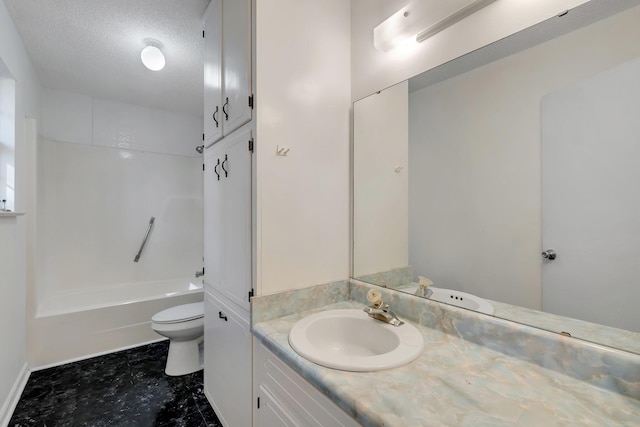 full bathroom with toilet, vanity, a textured ceiling, and shower / tub combination