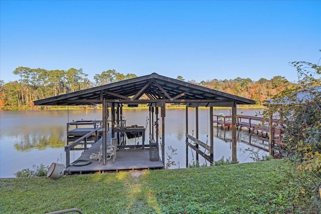 dock area with a yard and a water view