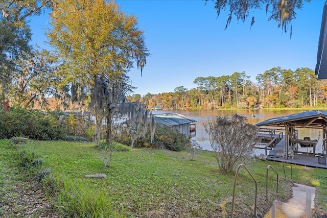 view of yard with a water view and a boat dock