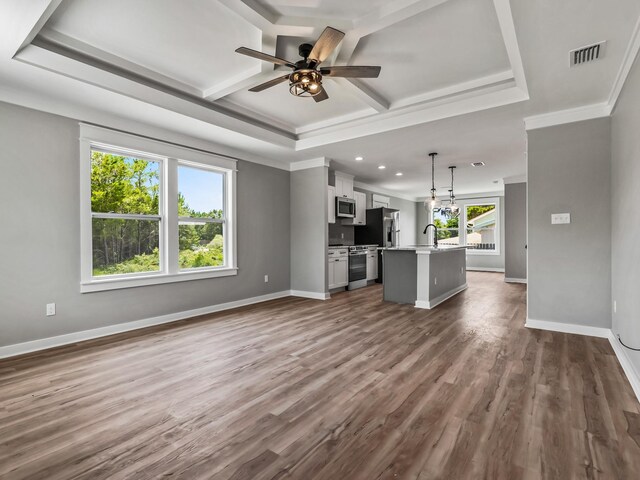 1613 Sea Breeze Way, Carrabelle, FL 32322 - kitchen featuring a sink, appliances with stainless steel finishes, ceiling fan with notable chandelier, visible vents, and ornamental molding