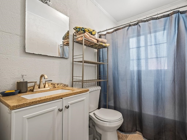 full bathroom with tile patterned floors, crown molding, shower / bath combination with curtain, toilet, and vanity