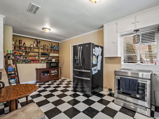 kitchen featuring black refrigerator with ice dispenser, white cabinets, ornamental molding, and stainless steel range with electric cooktop