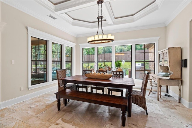 6476 Tracy Ln, Tallahassee, FL 32309 - dining area with stone tile flooring, coffered ceiling, crown molding, a chandelier, and baseboards