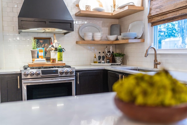 kitchen with sink, decorative backsplash, stainless steel gas range, and premium range hood